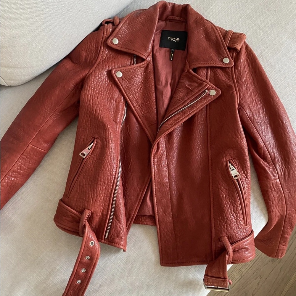 Maje Red Leather Moto Jacket